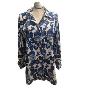 Women's Dennis Basso Floral Jacket L White Blue Button Front